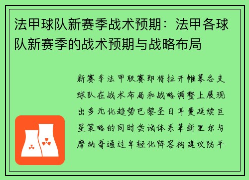 法甲球队新赛季战术预期：法甲各球队新赛季的战术预期与战略布局