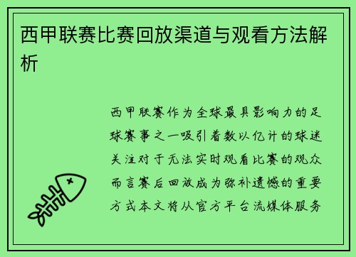西甲联赛比赛回放渠道与观看方法解析