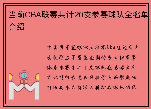 当前CBA联赛共计20支参赛球队全名单介绍